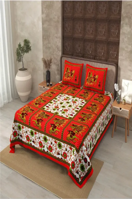 jaipuri rajasthnai red printed cotton double bedsheet with 2 pillow cover (90x100inch) 1