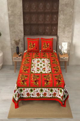 jaipuri rajasthnai red printed cotton double bedsheet with 2 pillow cover (90x100inch) 2