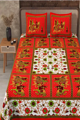 jaipuri rajasthnai red printed cotton double bedsheet with 2 pillow cover (90x100inch) 3