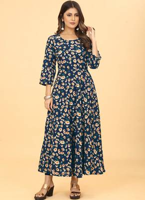 Navy Blue Georgette Floral Print Long Kurti 1