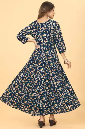 Navy Blue Georgette Floral Print Long Kurti