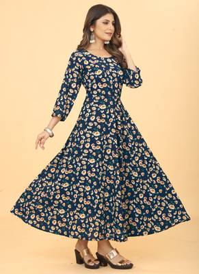 Navy Blue Georgette Floral Print Long Kurti 3