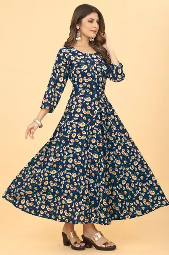 Navy Blue Georgette Floral Print Long Kurti