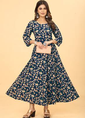 Navy Blue Georgette Floral Print Long Kurti 4