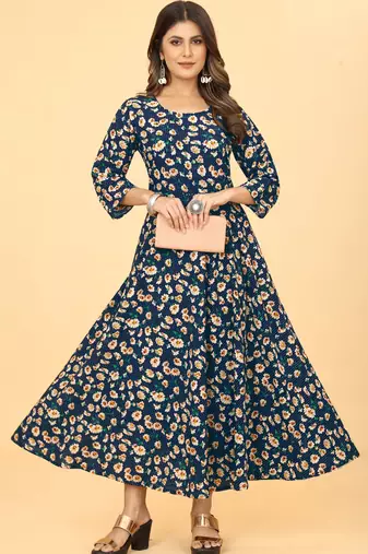 Navy Blue Georgette Floral Print Long Kurti