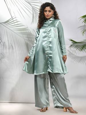 Sage green satin co-ord set with beads work 1