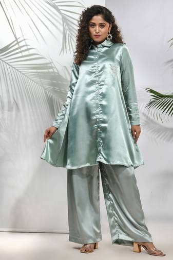 Sage green satin co-ord set with beads work