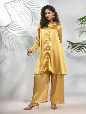 Mustard satin co-ord set with beads work 1