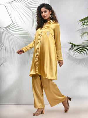 Mustard satin co-ord set with beads work 2