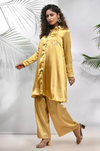 Mustard satin co-ord set with beads work