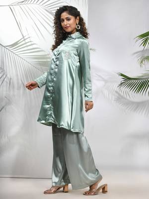 Sage green satin co-ord set with beads work 2
