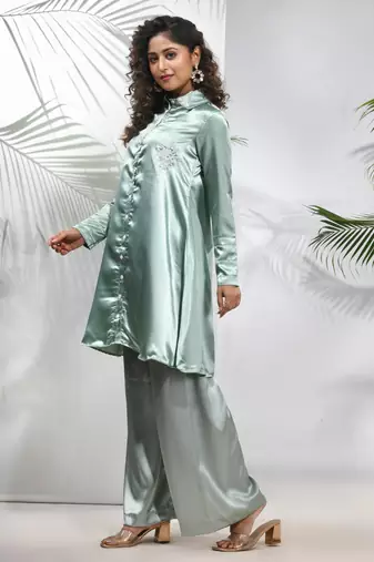Sage green satin co-ord set with beads work