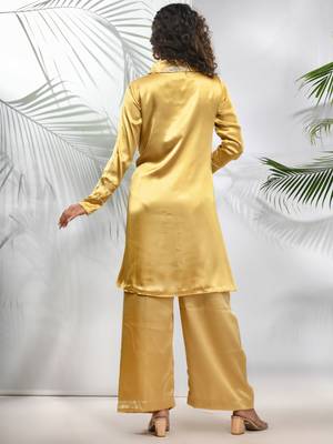 Mustard satin co-ord set with beads work 3
