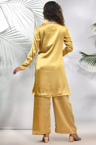 Mustard satin co-ord set with beads work