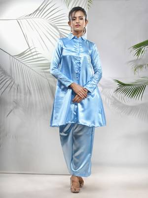 Sky blue satin co-ord set with beads work 1