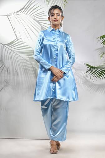 Sky blue satin co-ord set with beads work