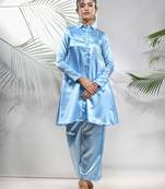 Sky blue satin co-ord set with beads work