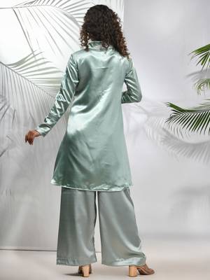 Sage green satin co-ord set with beads work 3