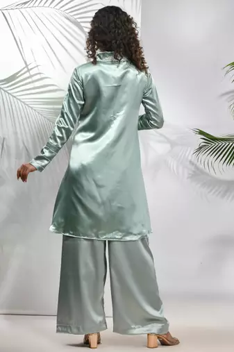 Sage green satin co-ord set with beads work