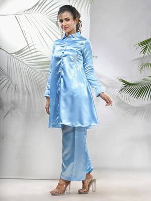 Sky blue satin co-ord set with beads work 2