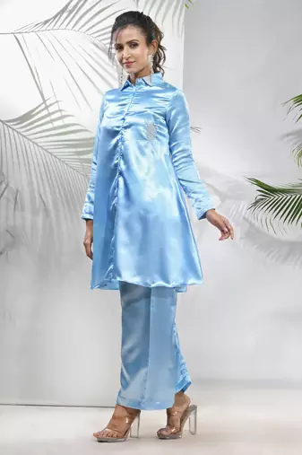 Sky blue satin co-ord set with beads work