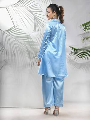 Sky blue satin co-ord set with beads work 3