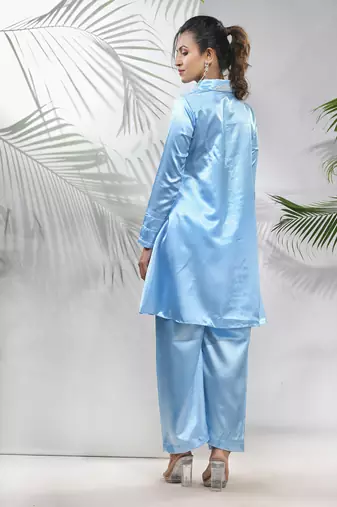 Sky blue satin co-ord set with beads work