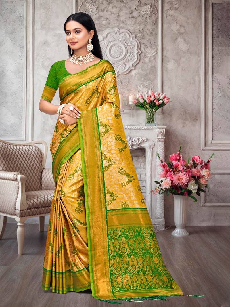 Riwazo yellow kanjivaram silk woven work traditional tassels saree