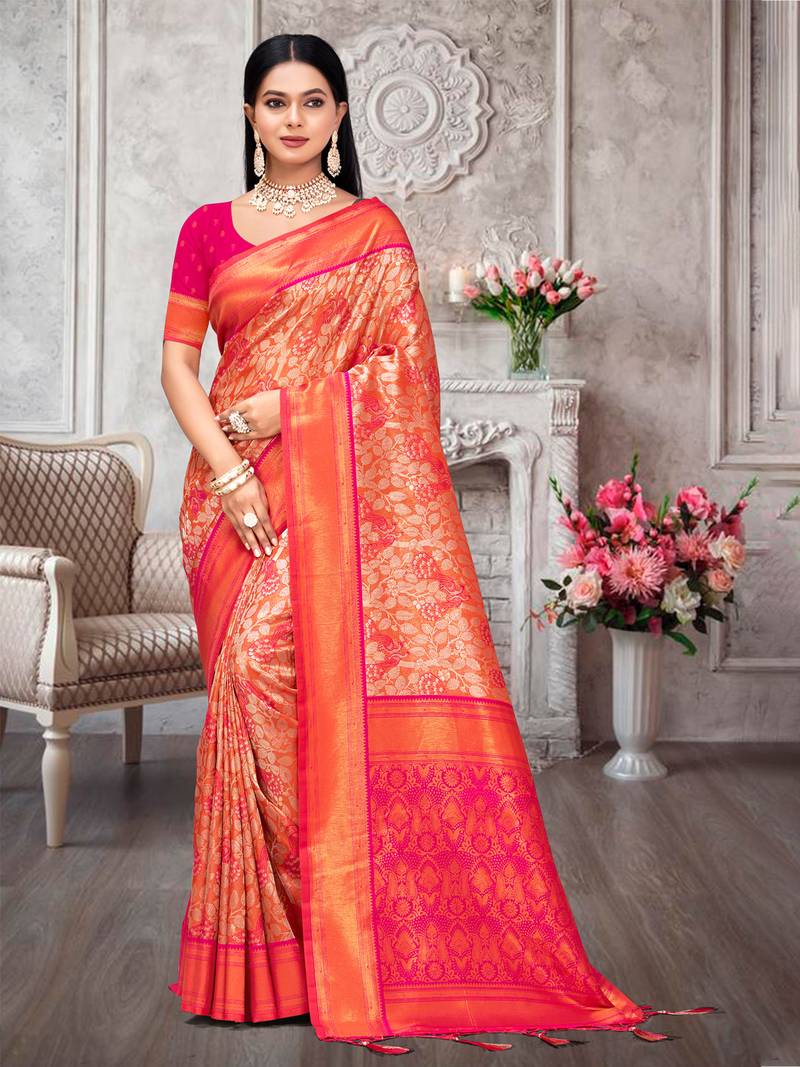 Riwazo pink kanjivaram silk woven work traditional tassels saree