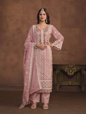 PASTEL PINK SOFT ORGANZA STRAIGHT EMBROIDERED SALWAR KAMEZ 1