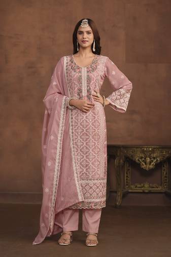 PASTEL PINK SOFT ORGANZA STRAIGHT EMBROIDERED SALWAR KAMEZ