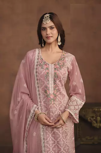 PASTEL PINK SOFT ORGANZA STRAIGHT EMBROIDERED SALWAR KAMEZ