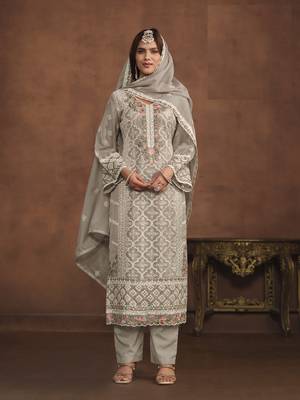 PASTEL GREY SOFT ORGANZA STRAIGHT EMBROIDERED SALWAR KAMEZ 2