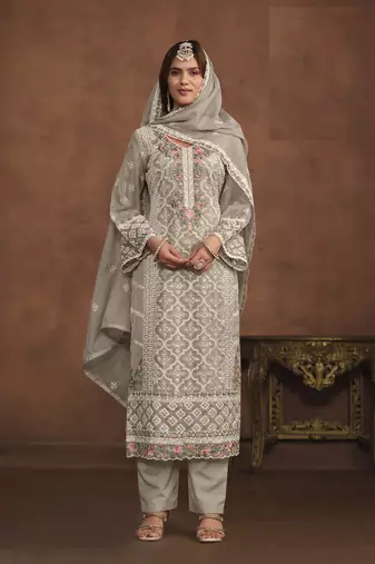 PASTEL GREY SOFT ORGANZA STRAIGHT EMBROIDERED SALWAR KAMEZ