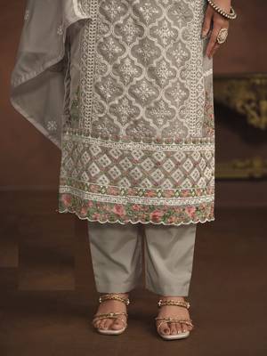 PASTEL GREY SOFT ORGANZA STRAIGHT EMBROIDERED SALWAR KAMEZ 3