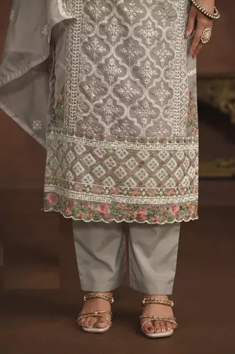 PASTEL GREY SOFT ORGANZA STRAIGHT EMBROIDERED SALWAR KAMEZ