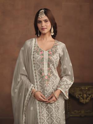 PASTEL GREY SOFT ORGANZA STRAIGHT EMBROIDERED SALWAR KAMEZ 4