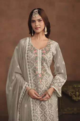 PASTEL GREY SOFT ORGANZA STRAIGHT EMBROIDERED SALWAR KAMEZ