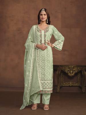 PASTEL GREEN SOFT ORGANZA STRAIGHT EMBROIDERED SALWAR KAMEZ 1