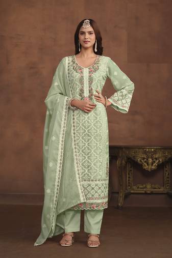 PASTEL GREEN SOFT ORGANZA STRAIGHT EMBROIDERED SALWAR KAMEZ