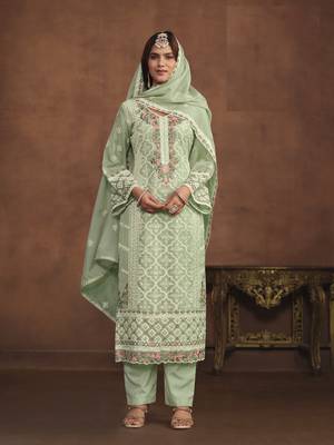 PASTEL GREEN SOFT ORGANZA STRAIGHT EMBROIDERED SALWAR KAMEZ 2