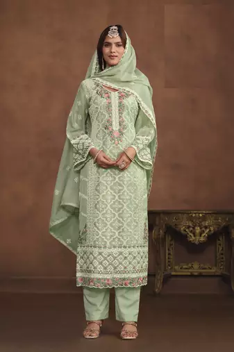 PASTEL GREEN SOFT ORGANZA STRAIGHT EMBROIDERED SALWAR KAMEZ