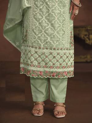 PASTEL GREEN SOFT ORGANZA STRAIGHT EMBROIDERED SALWAR KAMEZ 3