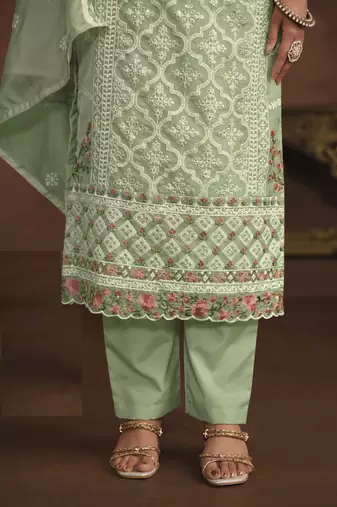 PASTEL GREEN SOFT ORGANZA STRAIGHT EMBROIDERED SALWAR KAMEZ
