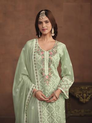 PASTEL GREEN SOFT ORGANZA STRAIGHT EMBROIDERED SALWAR KAMEZ 4