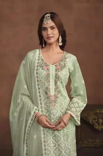 PASTEL GREEN SOFT ORGANZA STRAIGHT EMBROIDERED SALWAR KAMEZ