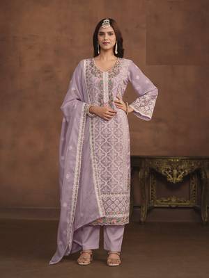 LAVENDER SOFT ORGANZA STRAIGHT EMBROIDERED SALWAR KAMEZ 1