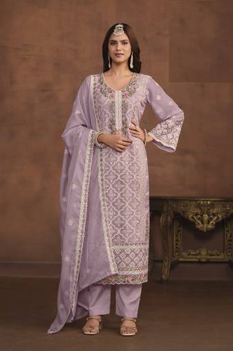 LAVENDER SOFT ORGANZA STRAIGHT EMBROIDERED SALWAR KAMEZ