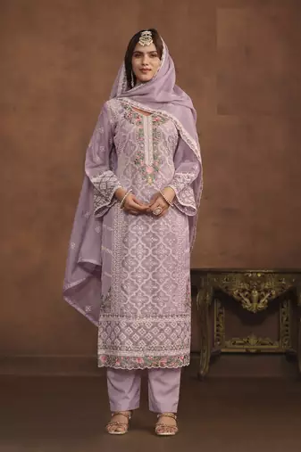 LAVENDER SOFT ORGANZA STRAIGHT EMBROIDERED SALWAR KAMEZ