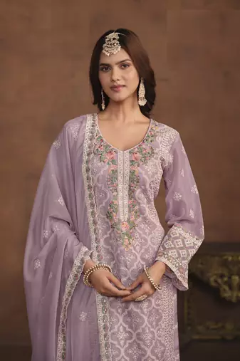 LAVENDER SOFT ORGANZA STRAIGHT EMBROIDERED SALWAR KAMEZ